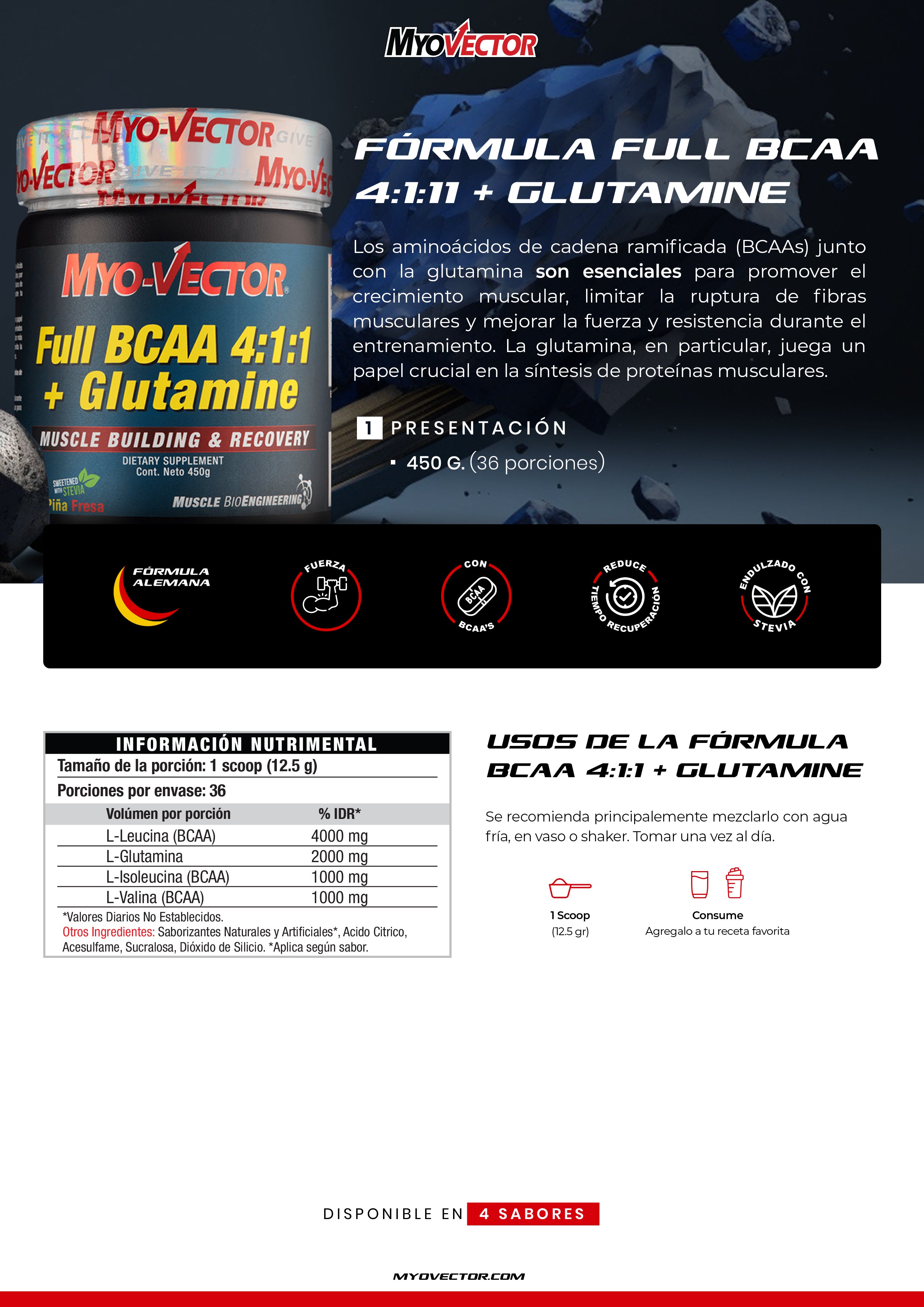 Full BCAA 4:1:1 + Glutamina by MyoVector | 450g